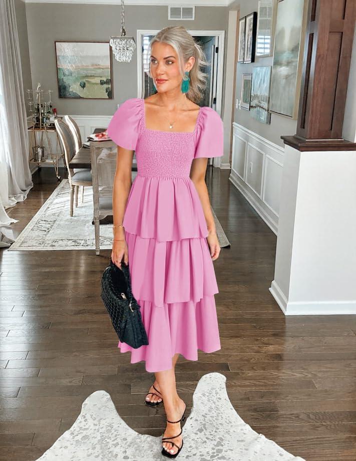 imageZESICA Womens Summer Puff Sleeve Midi Dress 2026 Casual Flowy A Line Tiered Wedding Guest Beach Vacation Long DressesPink