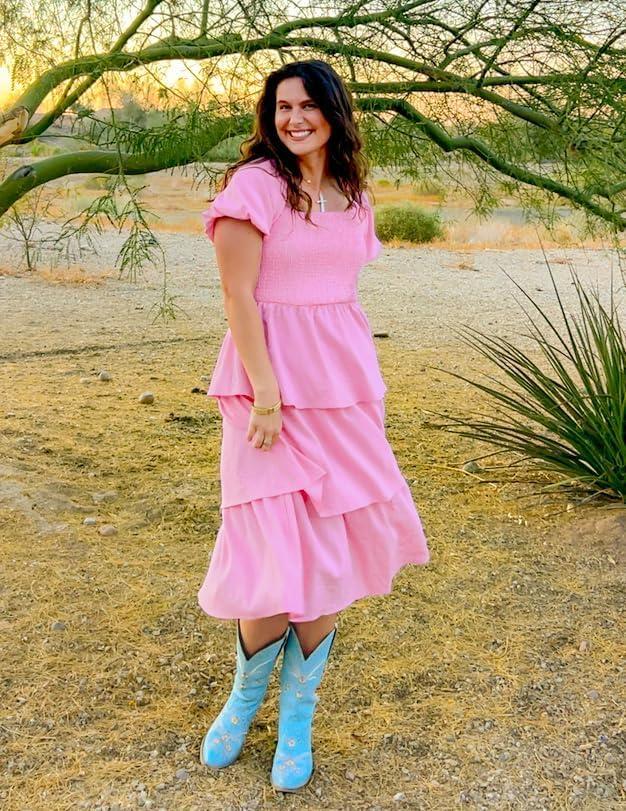 imageZESICA Womens Summer Puff Sleeve Midi Dress 2026 Casual Flowy A Line Tiered Wedding Guest Beach Vacation Long DressesPink