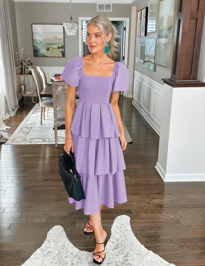 imageZESICA Womens Summer Puff Sleeve Midi Dress 2026 Casual Flowy A Line Tiered Wedding Guest Beach Vacation Long DressesPurple