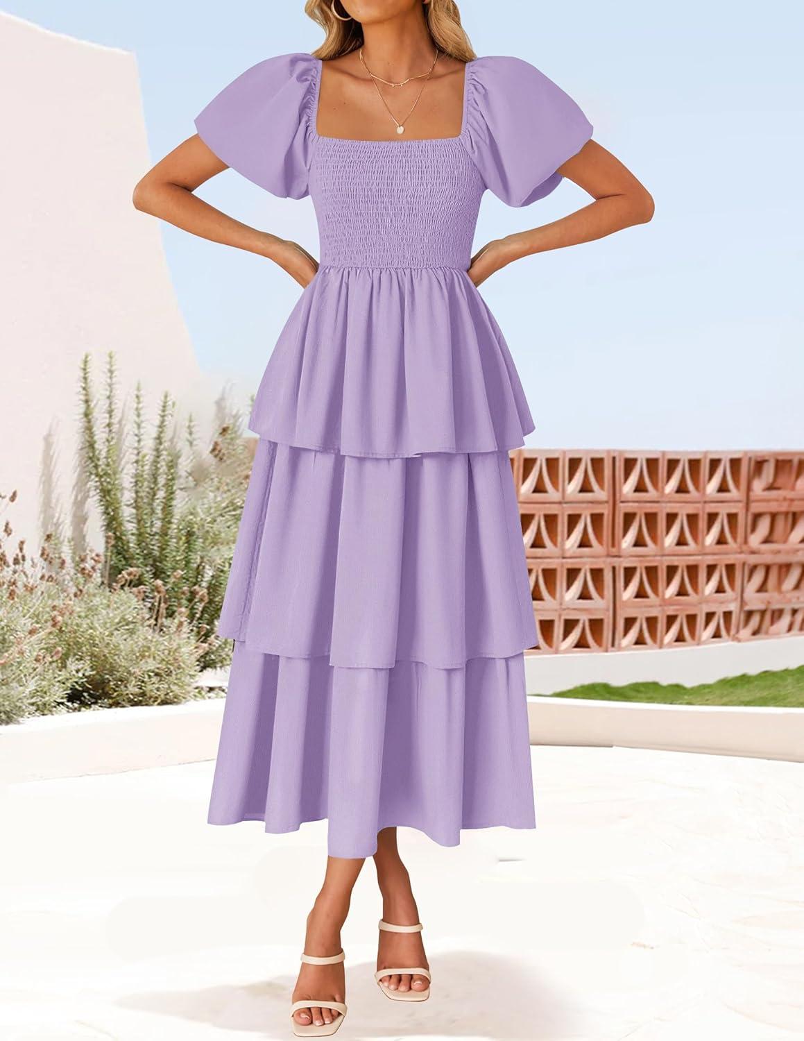 imageZESICA Womens Summer Puff Sleeve Midi Dress 2026 Casual Flowy A Line Tiered Wedding Guest Beach Vacation Long DressesPurple