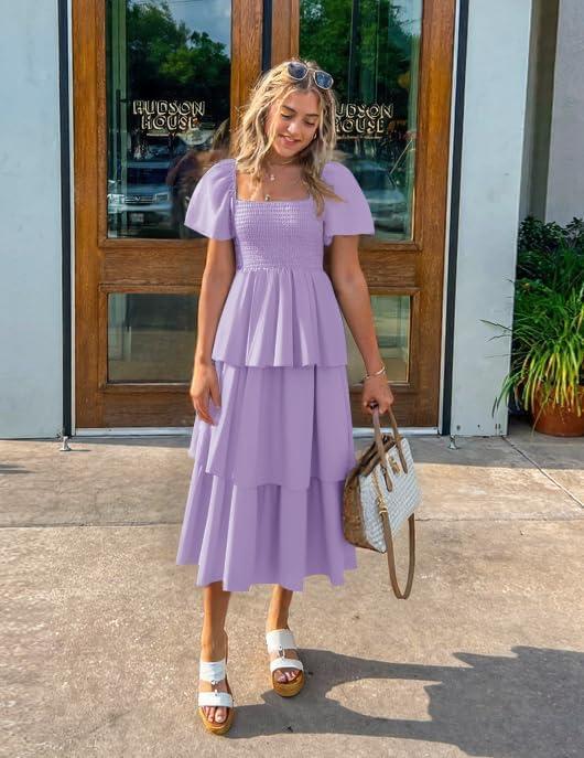 imageZESICA Womens Summer Puff Sleeve Midi Dress 2026 Casual Flowy A Line Tiered Wedding Guest Beach Vacation Long DressesPurple