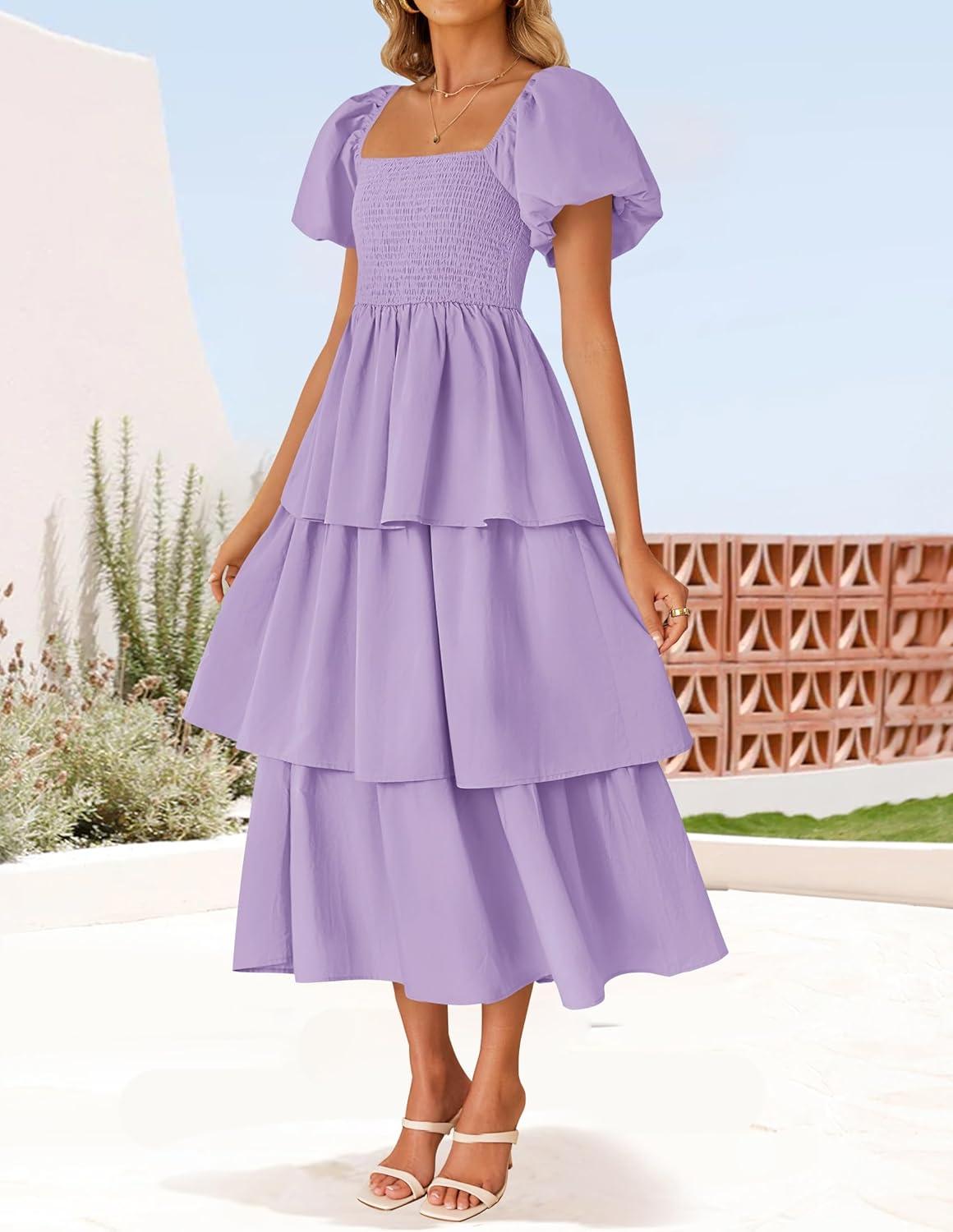 imageZESICA Womens Summer Puff Sleeve Midi Dress 2026 Casual Flowy A Line Tiered Wedding Guest Beach Vacation Long DressesPurple