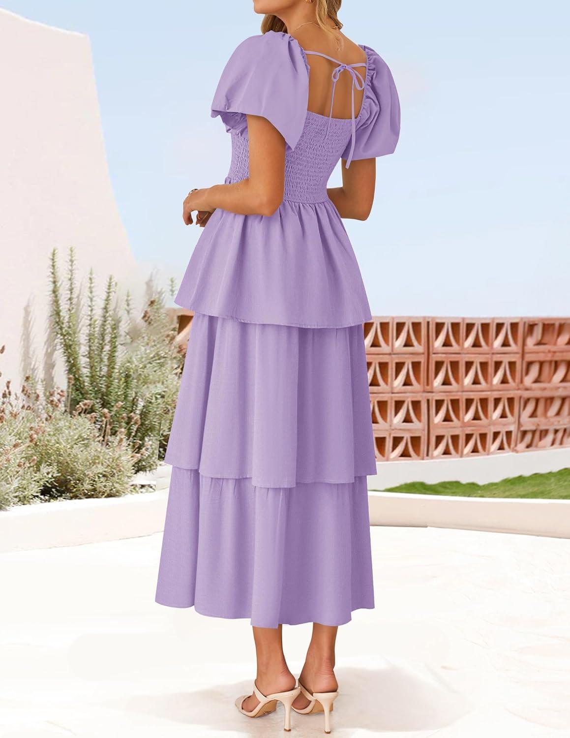 imageZESICA Womens Summer Puff Sleeve Midi Dress 2026 Casual Flowy A Line Tiered Wedding Guest Beach Vacation Long DressesPurple