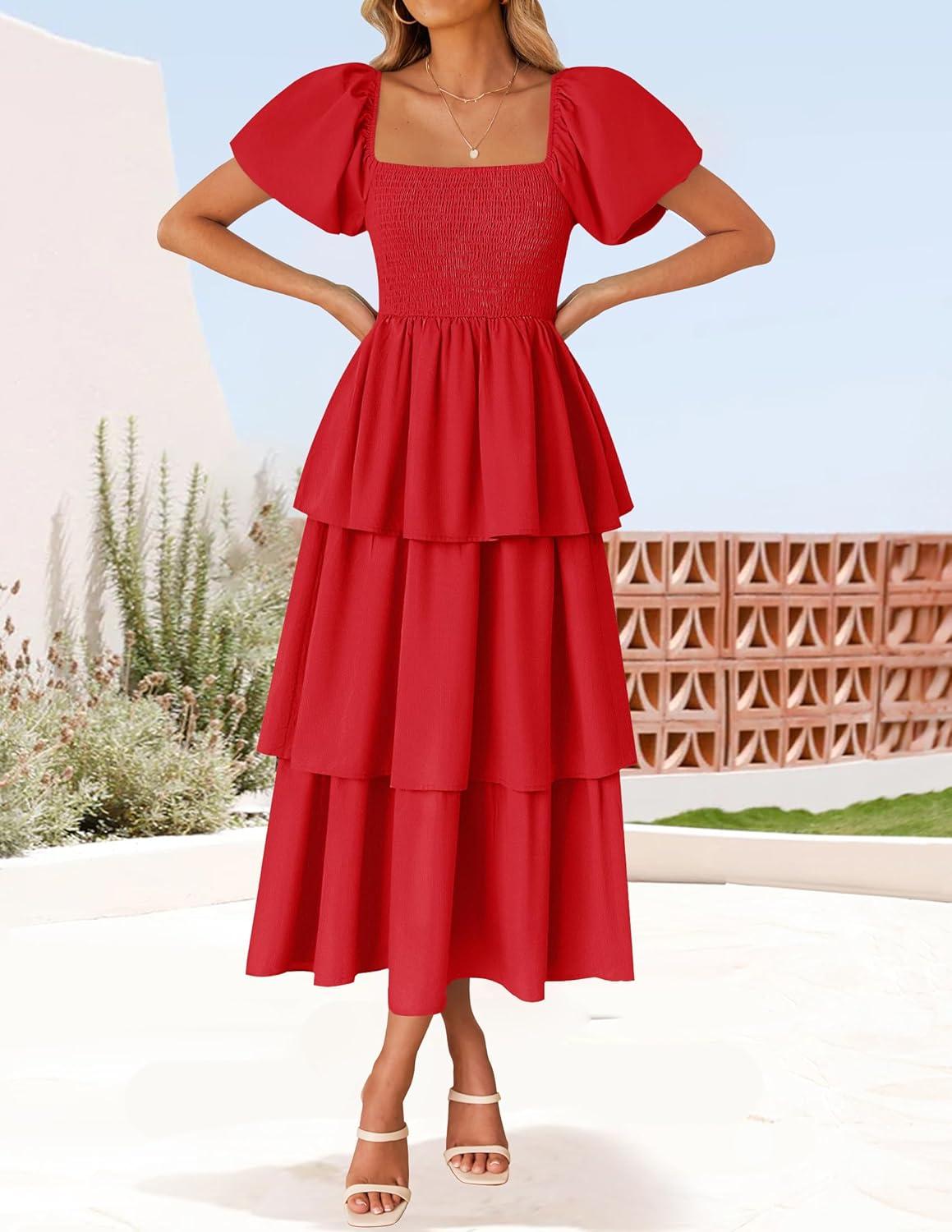 imageZESICA Womens Summer Puff Sleeve Midi Dress 2026 Casual Flowy A Line Tiered Wedding Guest Beach Vacation Long DressesRed