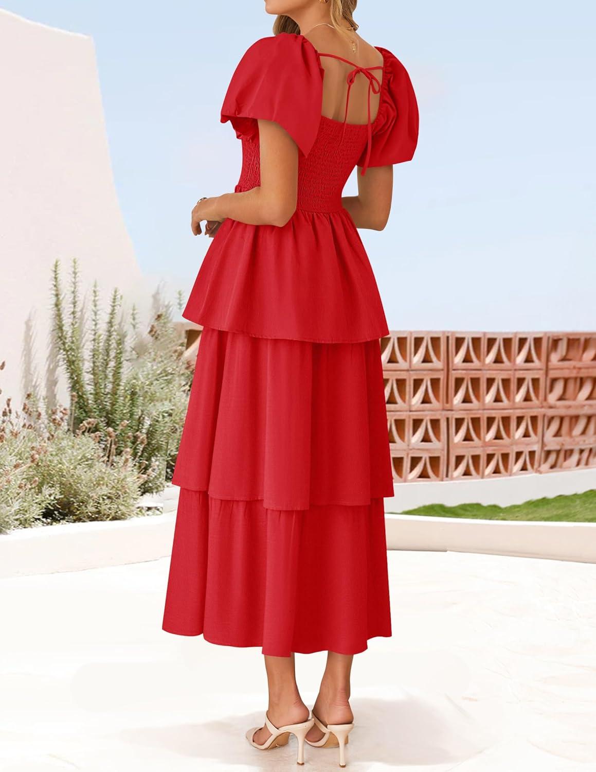 imageZESICA Womens Summer Puff Sleeve Midi Dress 2026 Casual Flowy A Line Tiered Wedding Guest Beach Vacation Long DressesRed