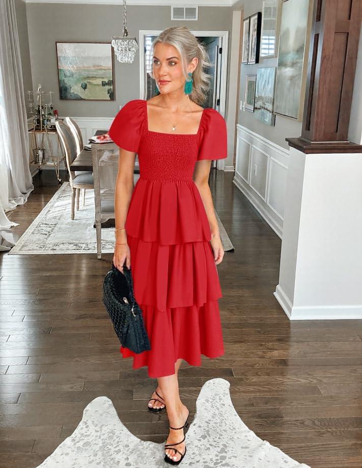 imageZESICA Womens Summer Puff Sleeve Midi Dress 2026 Casual Flowy A Line Tiered Wedding Guest Beach Vacation Long DressesRed