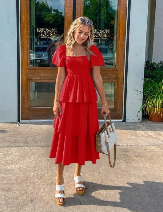 imageZESICA Womens Summer Puff Sleeve Midi Dress 2026 Casual Flowy A Line Tiered Wedding Guest Beach Vacation Long DressesRed