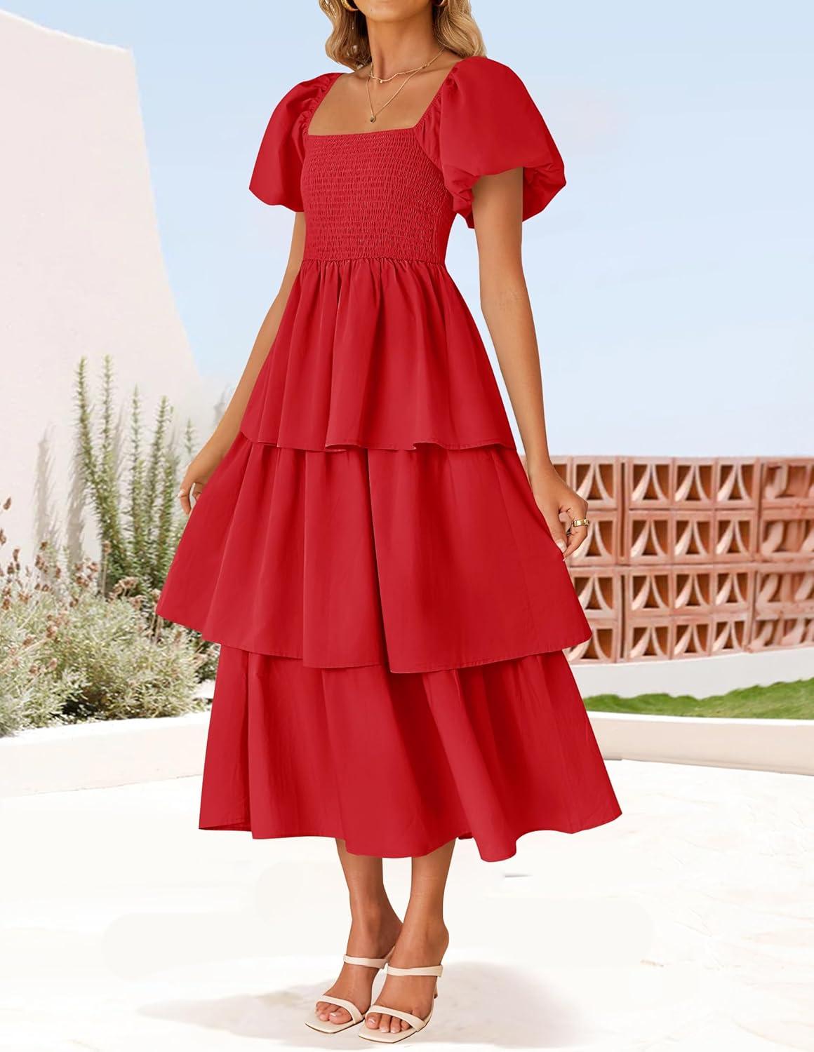 imageZESICA Womens Summer Puff Sleeve Midi Dress 2026 Casual Flowy A Line Tiered Wedding Guest Beach Vacation Long DressesRed