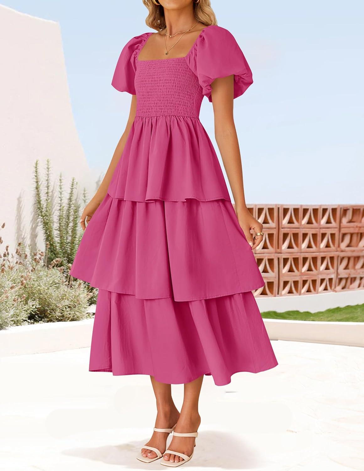imageZESICA Womens Summer Puff Sleeve Midi Dress 2026 Casual Flowy A Line Tiered Wedding Guest Beach Vacation Long DressesRose