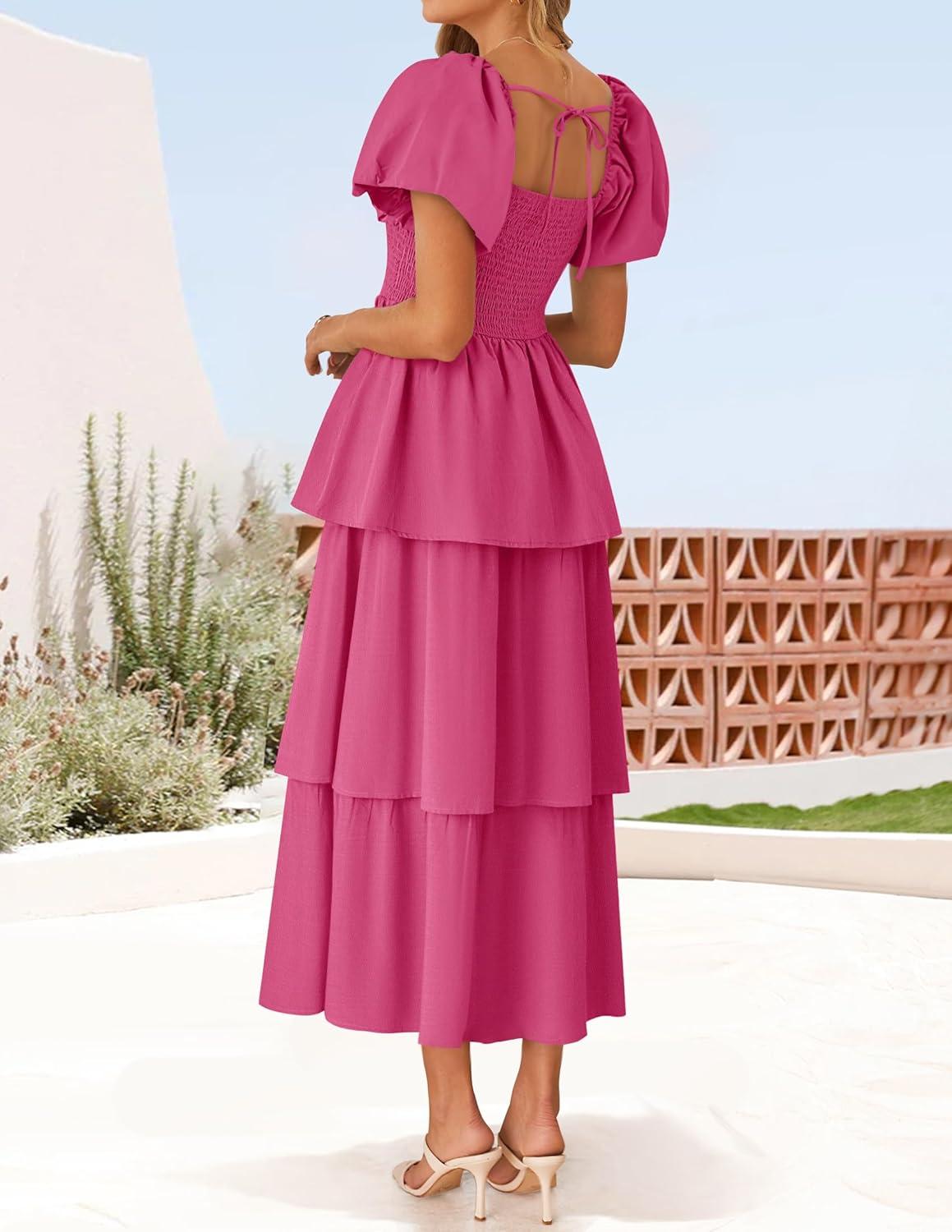 imageZESICA Womens Summer Puff Sleeve Midi Dress 2026 Casual Flowy A Line Tiered Wedding Guest Beach Vacation Long DressesRose
