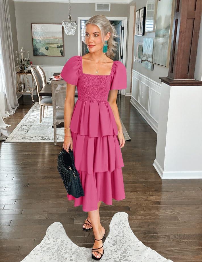 imageZESICA Womens Summer Puff Sleeve Midi Dress 2026 Casual Flowy A Line Tiered Wedding Guest Beach Vacation Long DressesRose