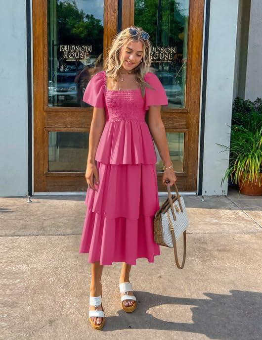 imageZESICA Womens Summer Puff Sleeve Midi Dress 2026 Casual Flowy A Line Tiered Wedding Guest Beach Vacation Long DressesRose