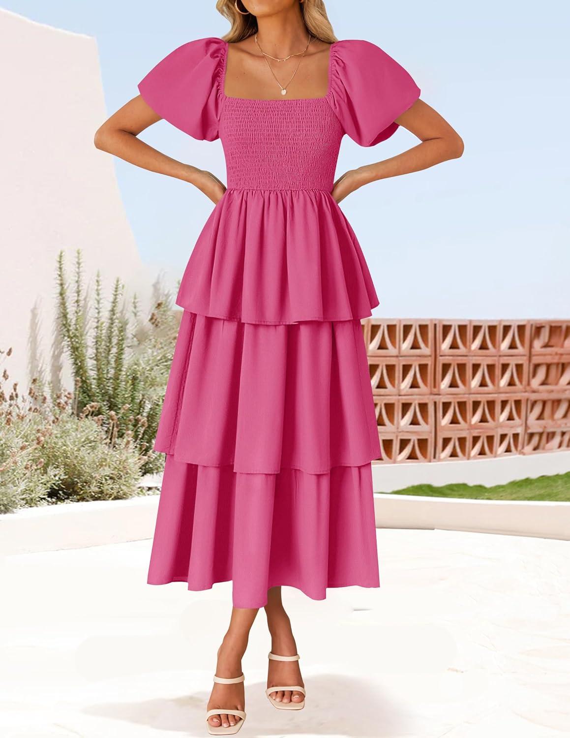 imageZESICA Womens Summer Puff Sleeve Midi Dress 2026 Casual Flowy A Line Tiered Wedding Guest Beach Vacation Long DressesRose