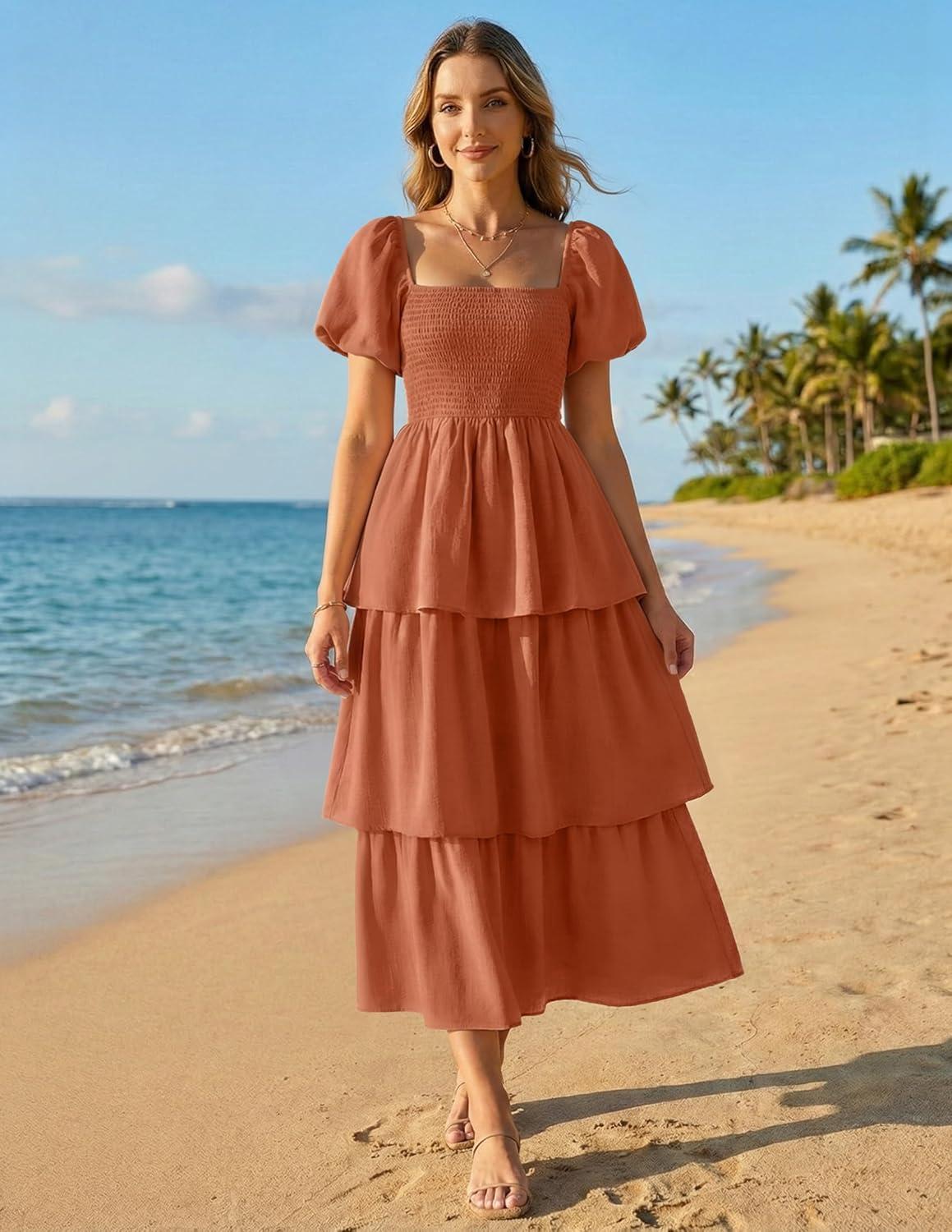 imageZESICA Womens Summer Puff Sleeve Midi Dress 2026 Casual Flowy A Line Tiered Wedding Guest Beach Vacation Long DressesRust