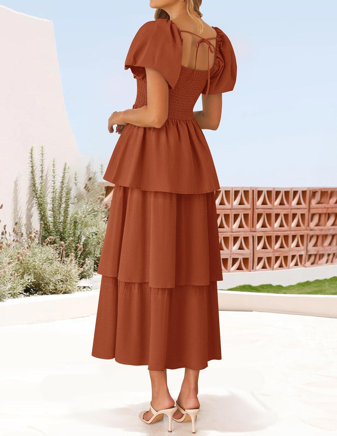 imageZESICA Womens Summer Puff Sleeve Midi Dress 2026 Casual Flowy A Line Tiered Wedding Guest Beach Vacation Long DressesRust