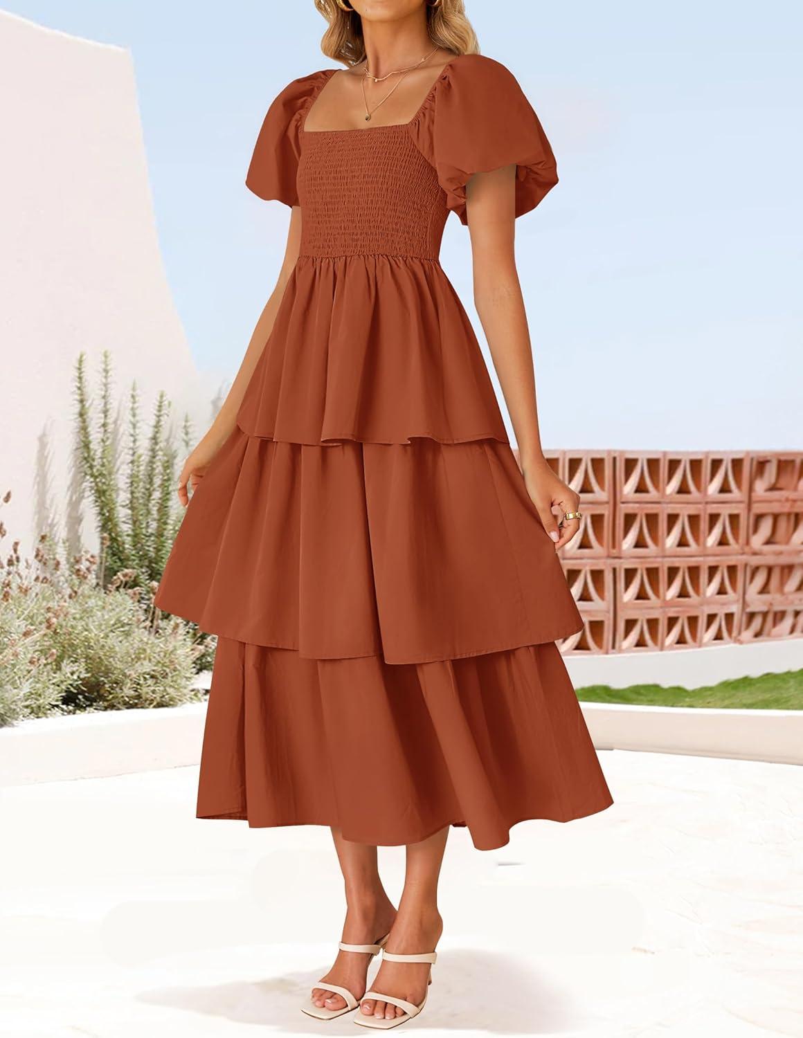 imageZESICA Womens Summer Puff Sleeve Midi Dress 2026 Casual Flowy A Line Tiered Wedding Guest Beach Vacation Long DressesRust