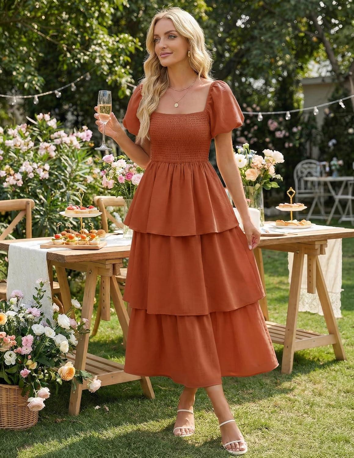 imageZESICA Womens Summer Puff Sleeve Midi Dress 2026 Casual Flowy A Line Tiered Wedding Guest Beach Vacation Long DressesRust