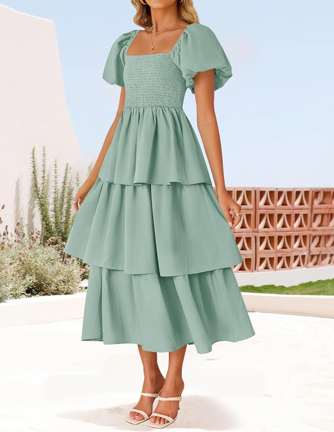 imageZESICA Womens Summer Puff Sleeve Midi Dress 2026 Casual Flowy A Line Tiered Wedding Guest Beach Vacation Long DressesSage
