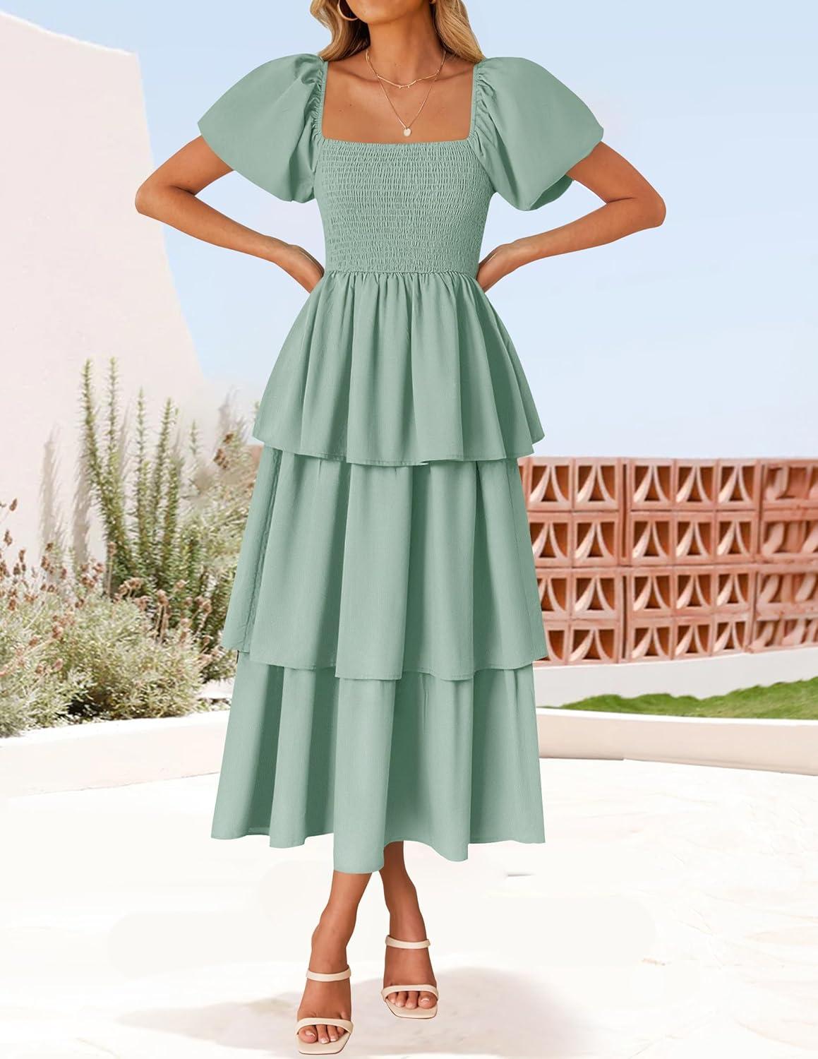 imageZESICA Womens Summer Puff Sleeve Midi Dress 2026 Casual Flowy A Line Tiered Wedding Guest Beach Vacation Long DressesSage