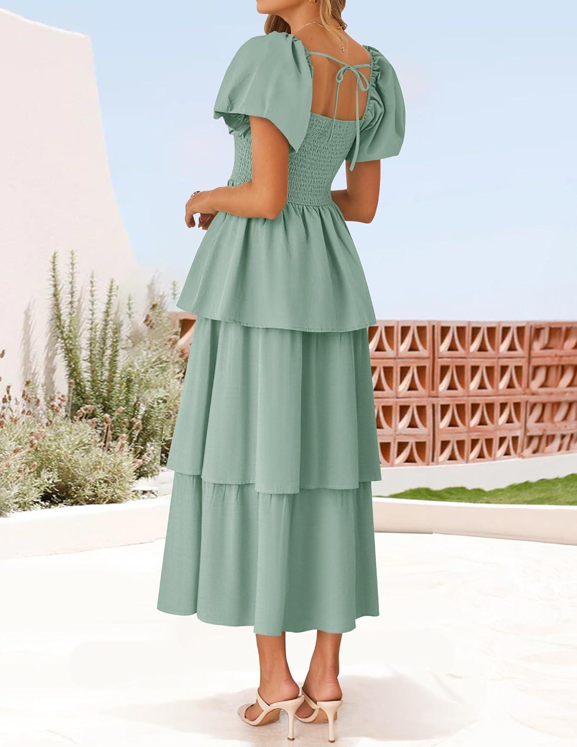 imageZESICA Womens Summer Puff Sleeve Midi Dress 2026 Casual Flowy A Line Tiered Wedding Guest Beach Vacation Long DressesSage