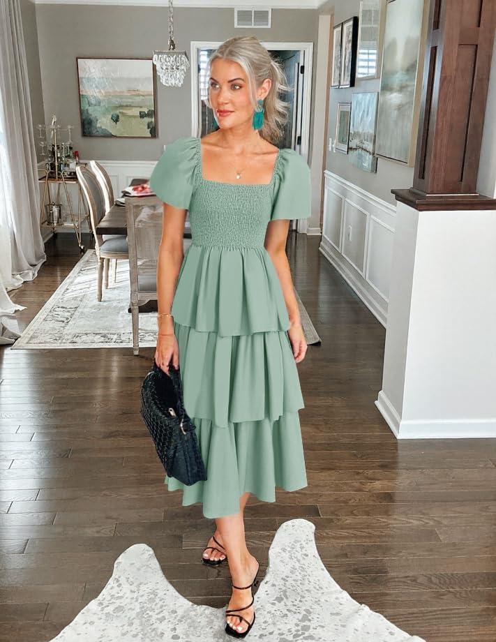 imageZESICA Womens Summer Puff Sleeve Midi Dress 2026 Casual Flowy A Line Tiered Wedding Guest Beach Vacation Long DressesSage