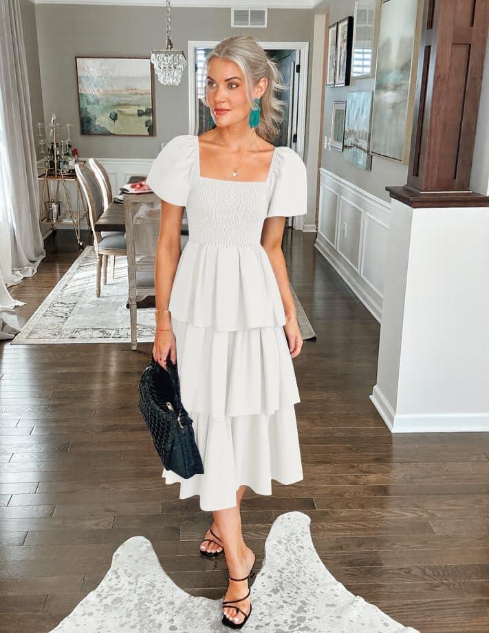 imageZESICA Womens Summer Puff Sleeve Midi Dress 2026 Casual Flowy A Line Tiered Wedding Guest Beach Vacation Long DressesWhite