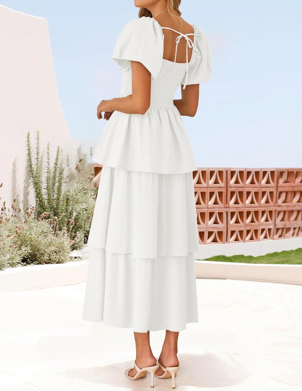 imageZESICA Womens Summer Puff Sleeve Midi Dress 2026 Casual Flowy A Line Tiered Wedding Guest Beach Vacation Long DressesWhite
