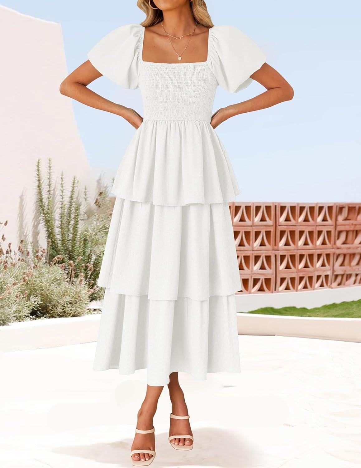imageZESICA Womens Summer Puff Sleeve Midi Dress 2026 Casual Flowy A Line Tiered Wedding Guest Beach Vacation Long DressesWhite