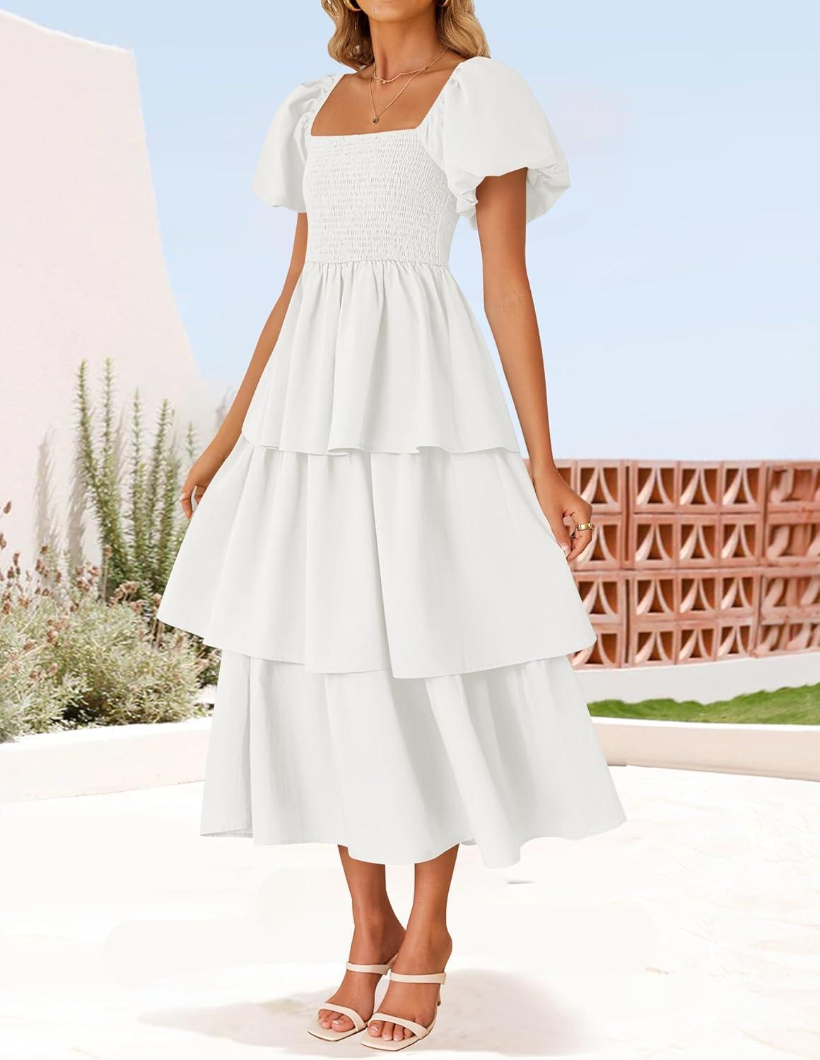 imageZESICA Womens Summer Puff Sleeve Midi Dress 2026 Casual Flowy A Line Tiered Wedding Guest Beach Vacation Long DressesWhite