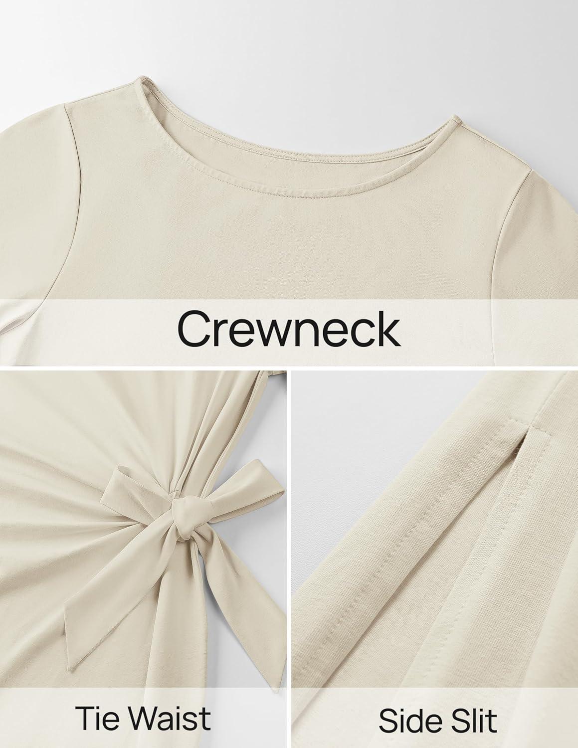 imageZESICA Womens Summer Short Sleeve Bodycon Midi Dresses 2026 Casual Crewneck Knit Wrap Tie Waist T Shirt Long DressApricot