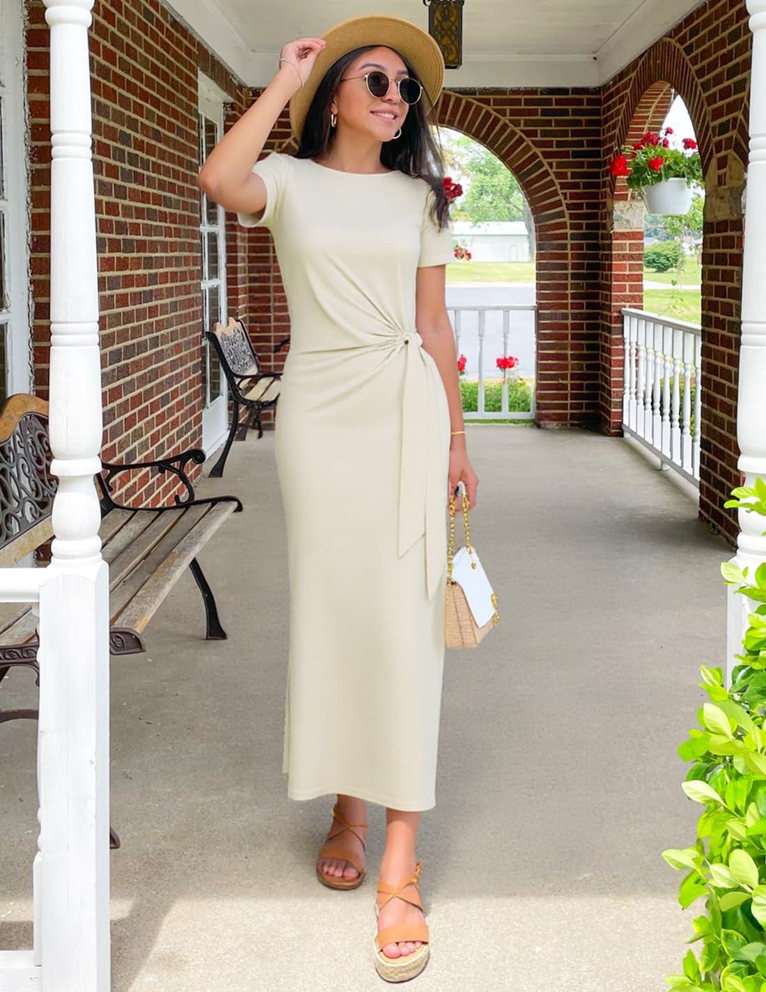 imageZESICA Womens Summer Short Sleeve Bodycon Midi Dresses 2026 Casual Crewneck Knit Wrap Tie Waist T Shirt Long DressApricot
