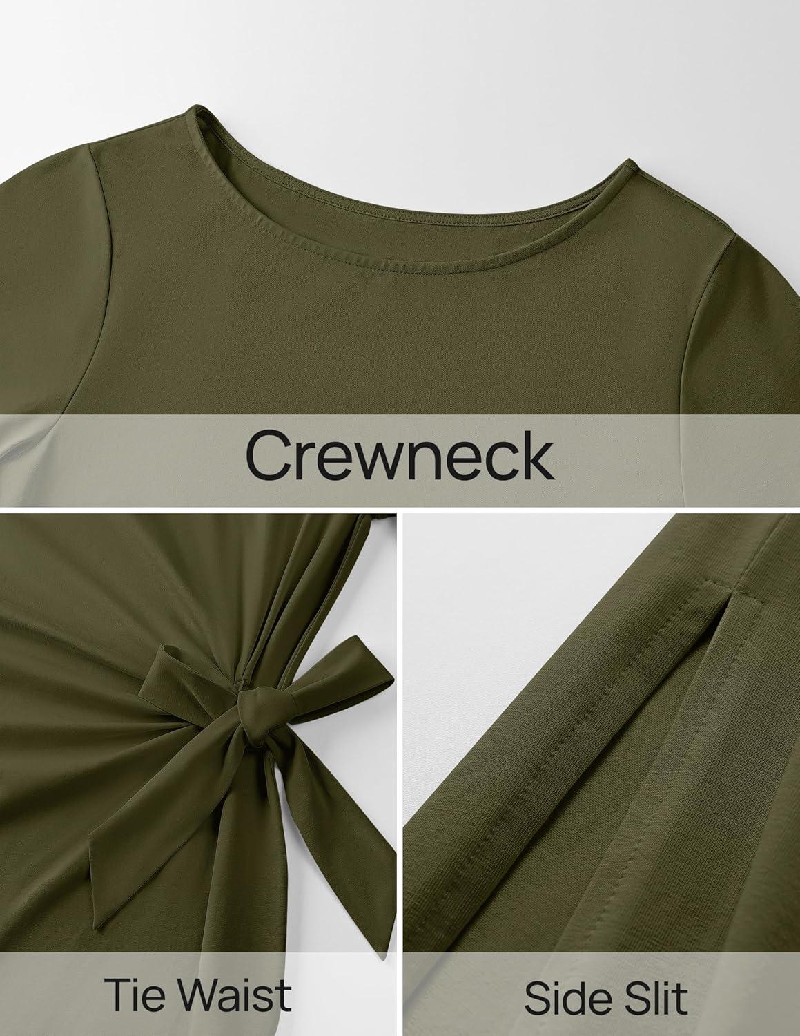 imageZESICA Womens Summer Short Sleeve Bodycon Midi Dresses 2026 Casual Crewneck Knit Wrap Tie Waist T Shirt Long DressArmy Green