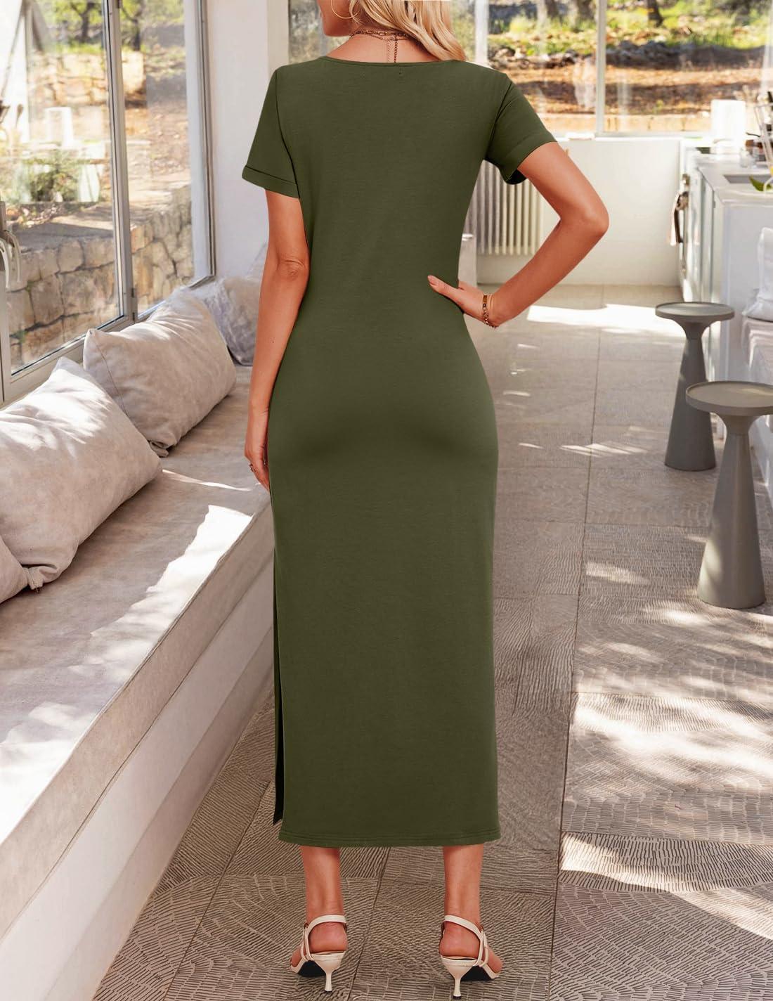 imageZESICA Womens Summer Short Sleeve Bodycon Midi Dresses 2026 Casual Crewneck Knit Wrap Tie Waist T Shirt Long DressArmy Green