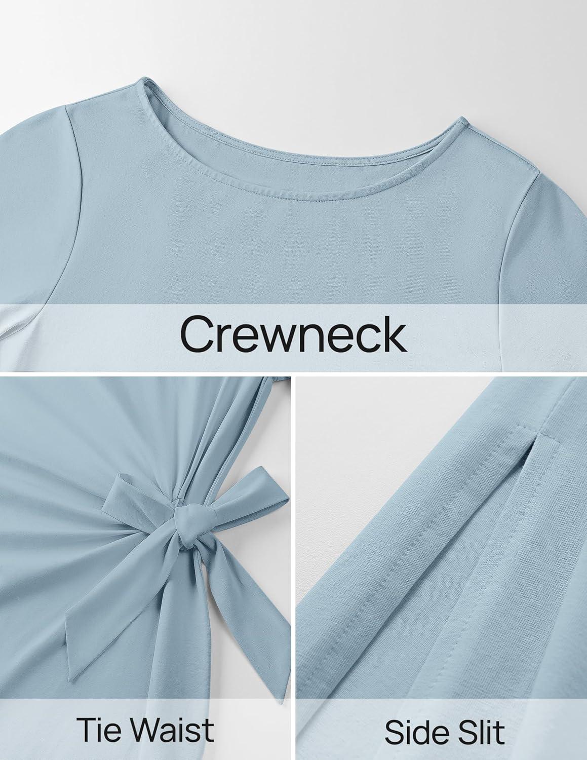 imageZESICA Womens Summer Short Sleeve Bodycon Midi Dresses 2026 Casual Crewneck Knit Wrap Tie Waist T Shirt Long DressBlue