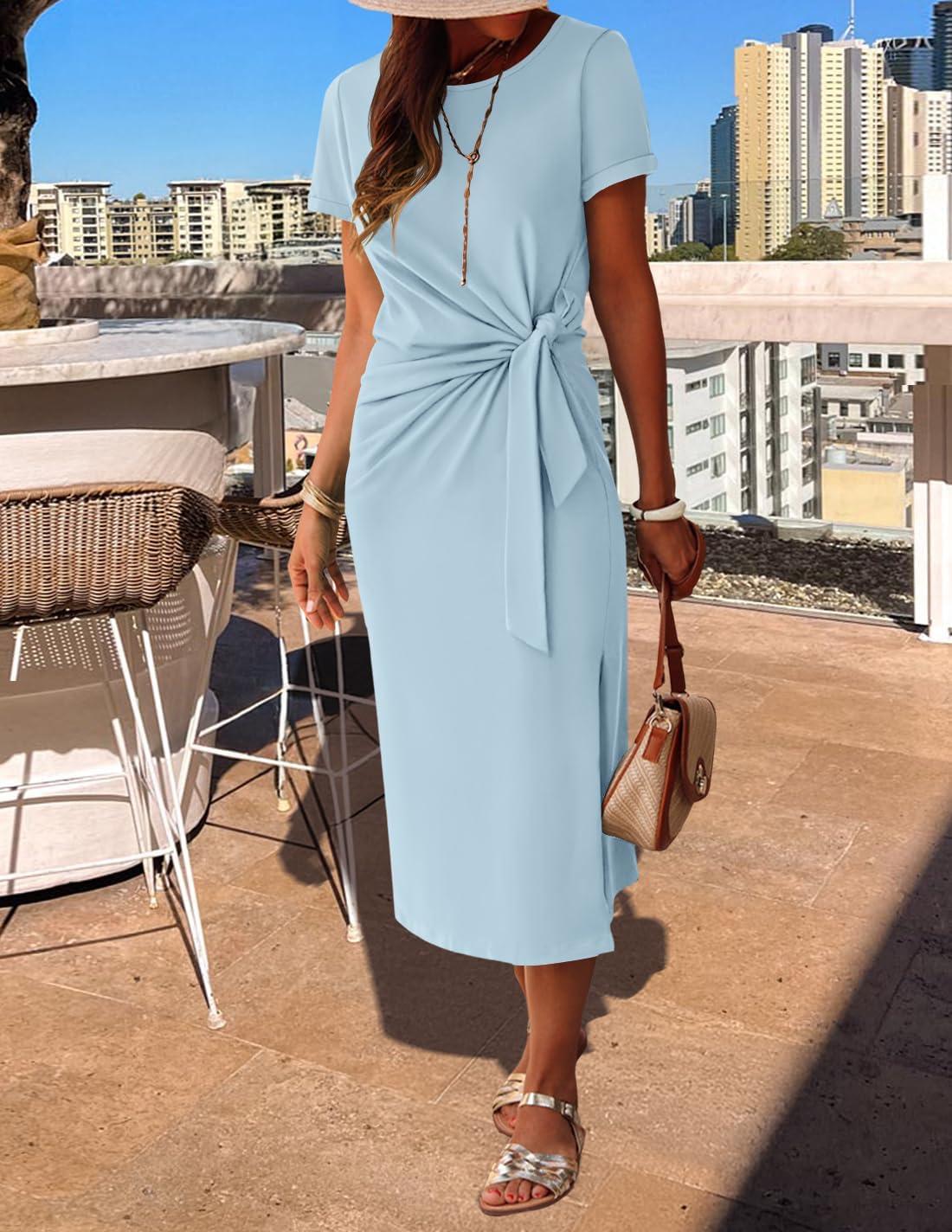 imageZESICA Womens Summer Short Sleeve Bodycon Midi Dresses 2026 Casual Crewneck Knit Wrap Tie Waist T Shirt Long DressBlue