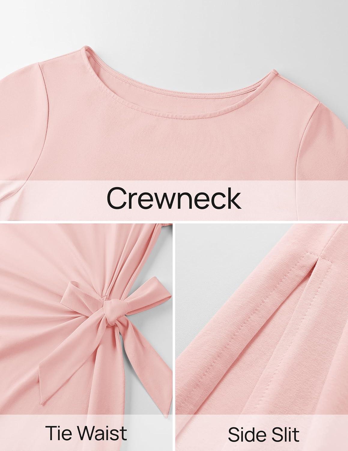 imageZESICA Womens Summer Short Sleeve Bodycon Midi Dresses 2026 Casual Crewneck Knit Wrap Tie Waist T Shirt Long DressDusty Pink
