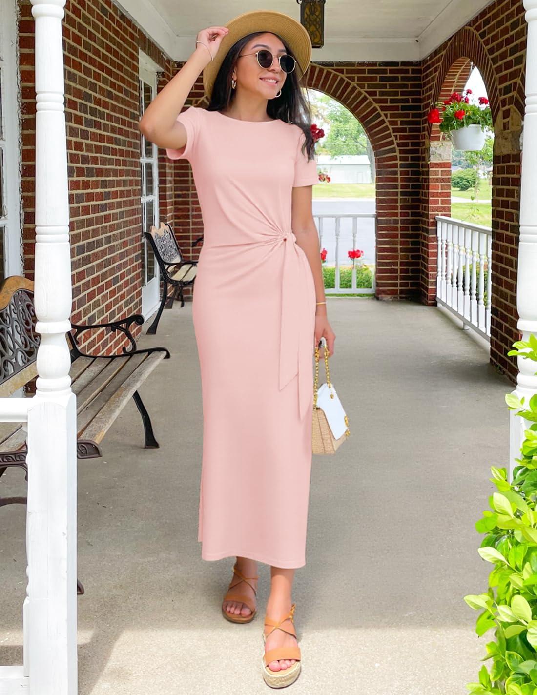 imageZESICA Womens Summer Short Sleeve Bodycon Midi Dresses 2026 Casual Crewneck Knit Wrap Tie Waist T Shirt Long DressDusty Pink