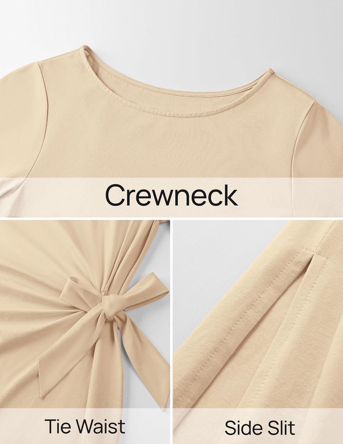 imageZESICA Womens Summer Short Sleeve Bodycon Midi Dresses 2026 Casual Crewneck Knit Wrap Tie Waist T Shirt Long DressKhaki