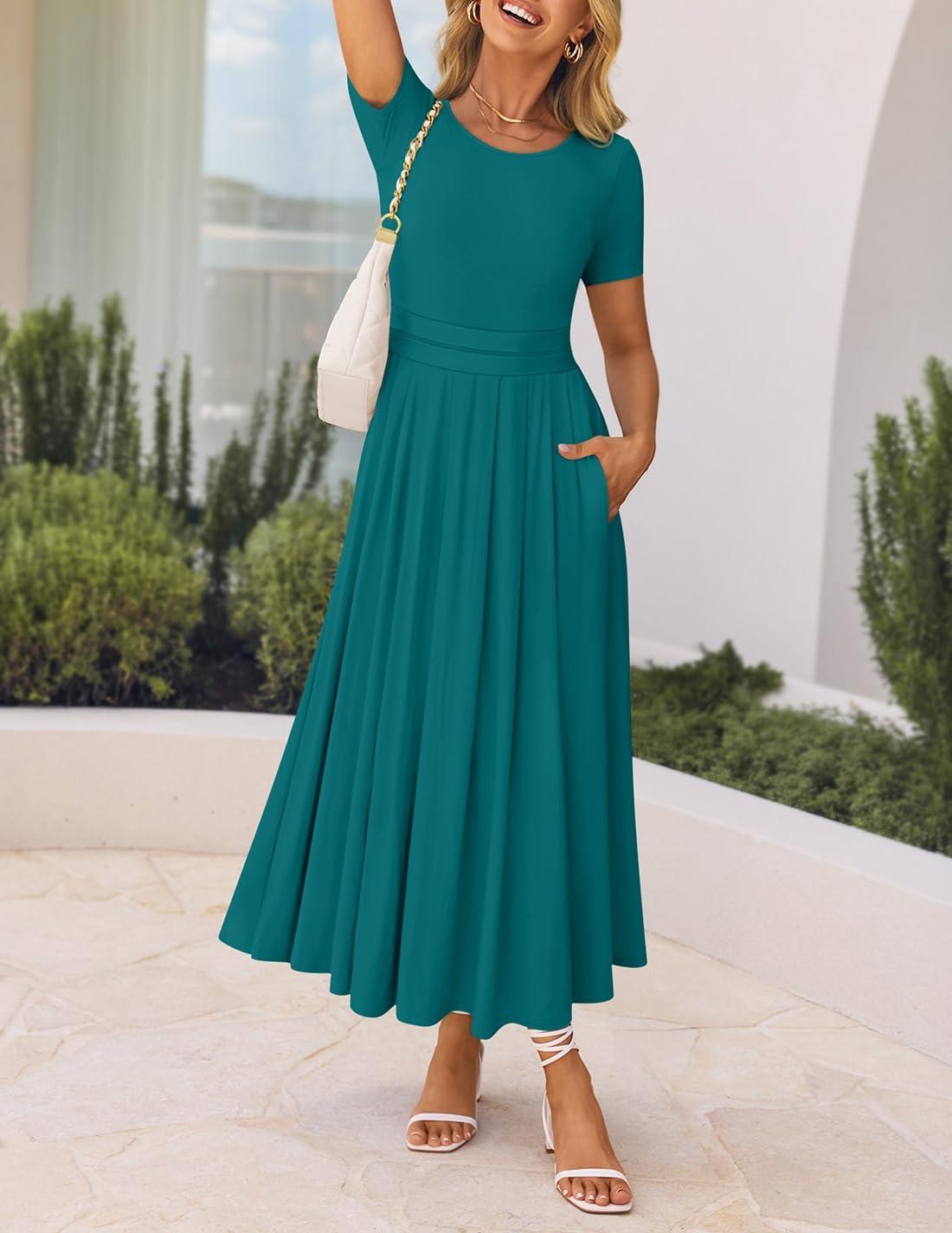 imageZESICA Womens Summer Short Sleeve Maxi Dress 2026 Casual Crewneck Pleated A Line Flowy Long Dresses with PocketsAqua