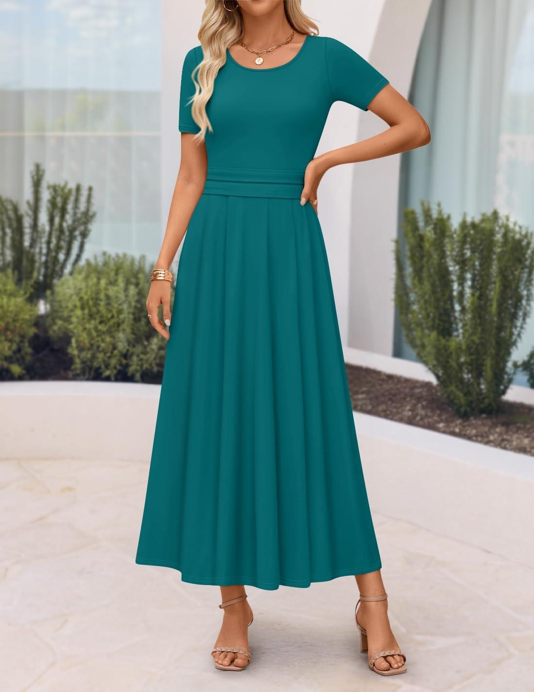 imageZESICA Womens Summer Short Sleeve Maxi Dress 2026 Casual Crewneck Pleated A Line Flowy Long Dresses with PocketsAqua