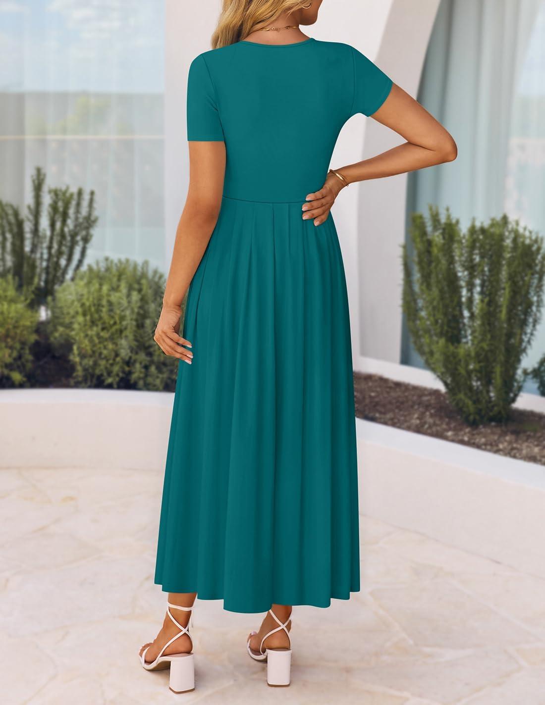 imageZESICA Womens Summer Short Sleeve Maxi Dress 2026 Casual Crewneck Pleated A Line Flowy Long Dresses with PocketsAqua