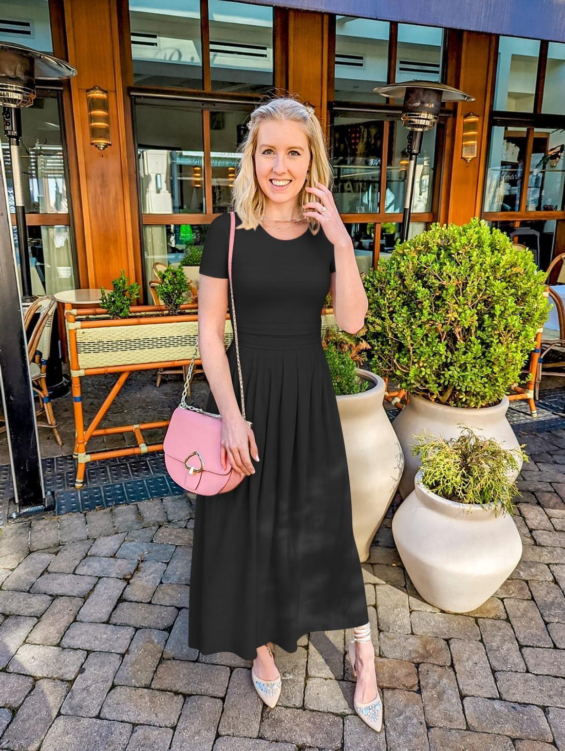 imageZESICA Womens Summer Short Sleeve Maxi Dress 2026 Casual Crewneck Pleated A Line Flowy Long Dresses with PocketsBlack