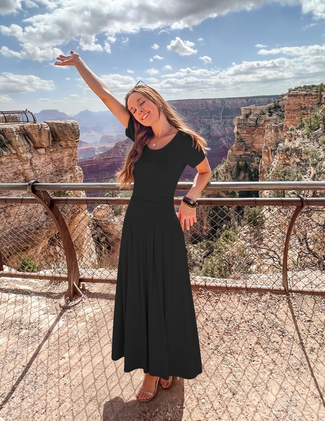 imageZESICA Womens Summer Short Sleeve Maxi Dress 2026 Casual Crewneck Pleated A Line Flowy Long Dresses with PocketsBlack