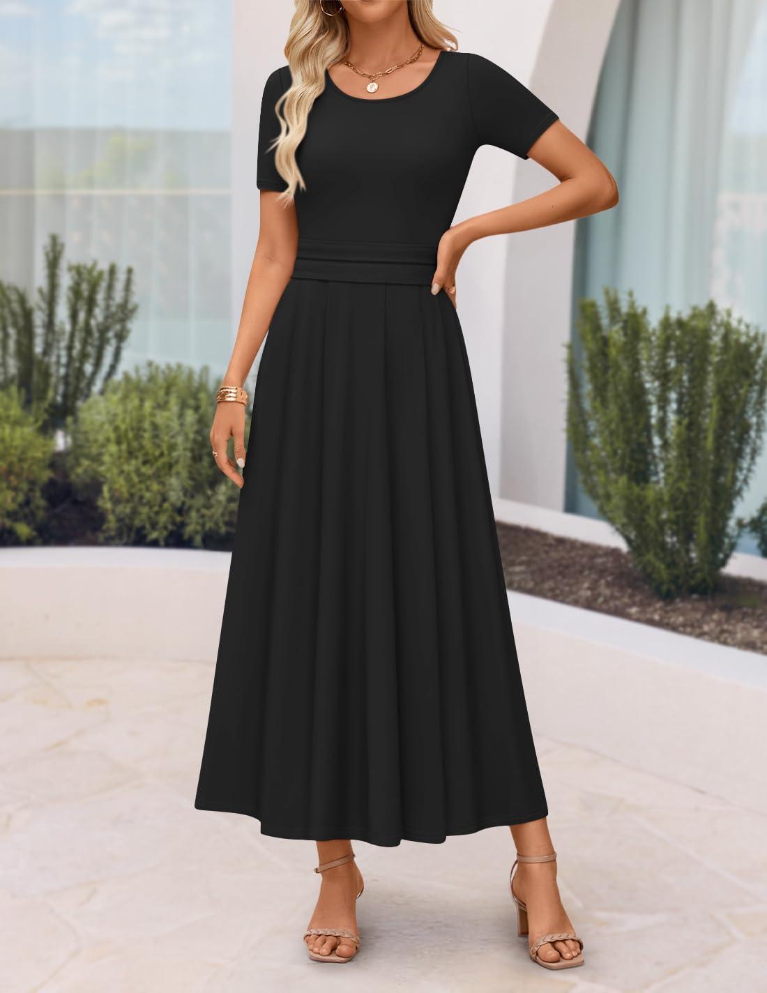 imageZESICA Womens Summer Short Sleeve Maxi Dress 2026 Casual Crewneck Pleated A Line Flowy Long Dresses with PocketsBlack