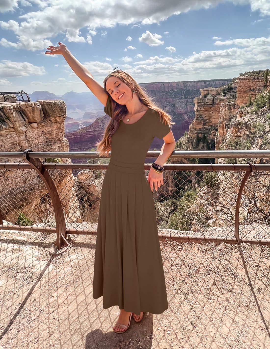 imageZESICA Womens Summer Short Sleeve Maxi Dress 2026 Casual Crewneck Pleated A Line Flowy Long Dresses with PocketsCoffee
