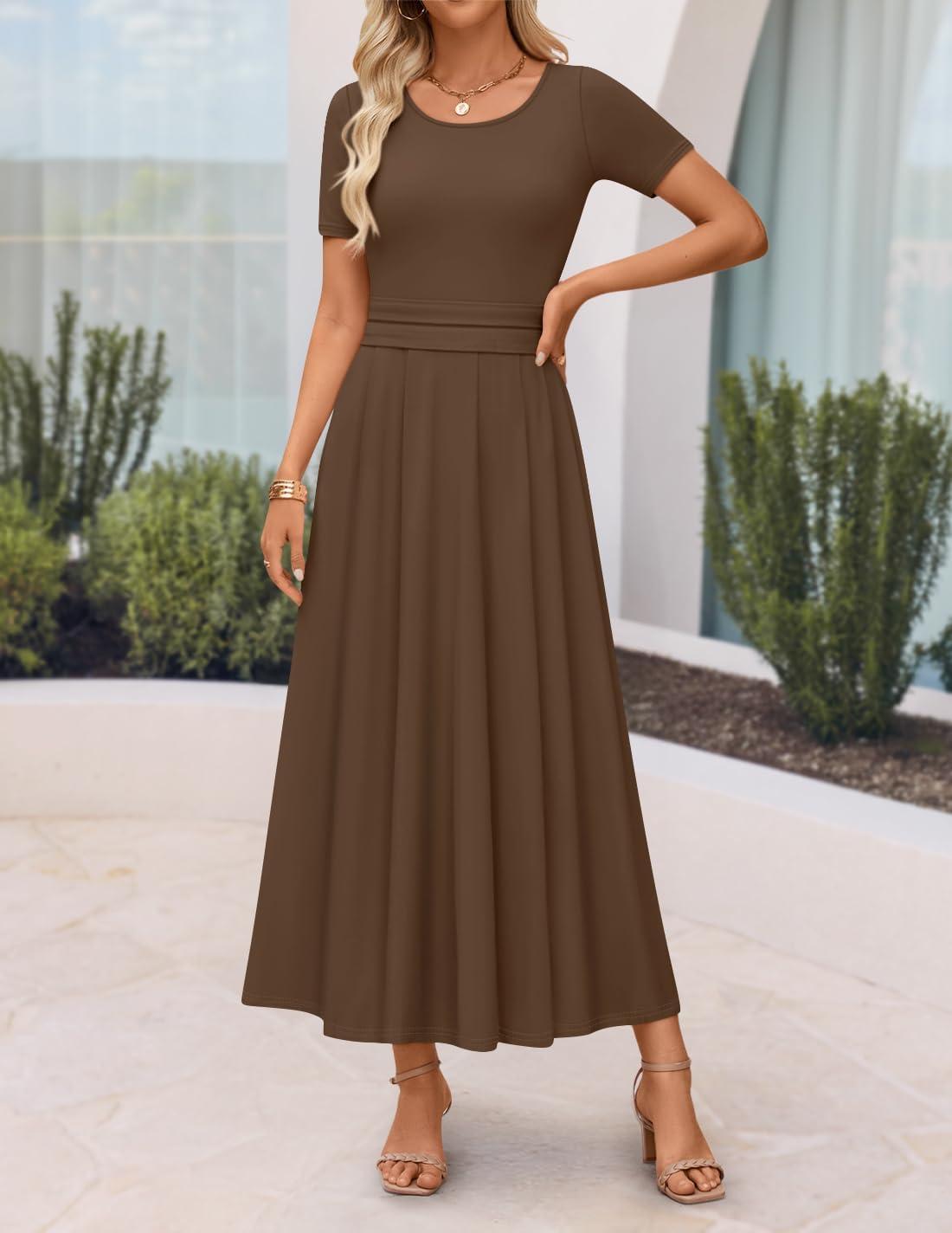 imageZESICA Womens Summer Short Sleeve Maxi Dress 2026 Casual Crewneck Pleated A Line Flowy Long Dresses with PocketsCoffee