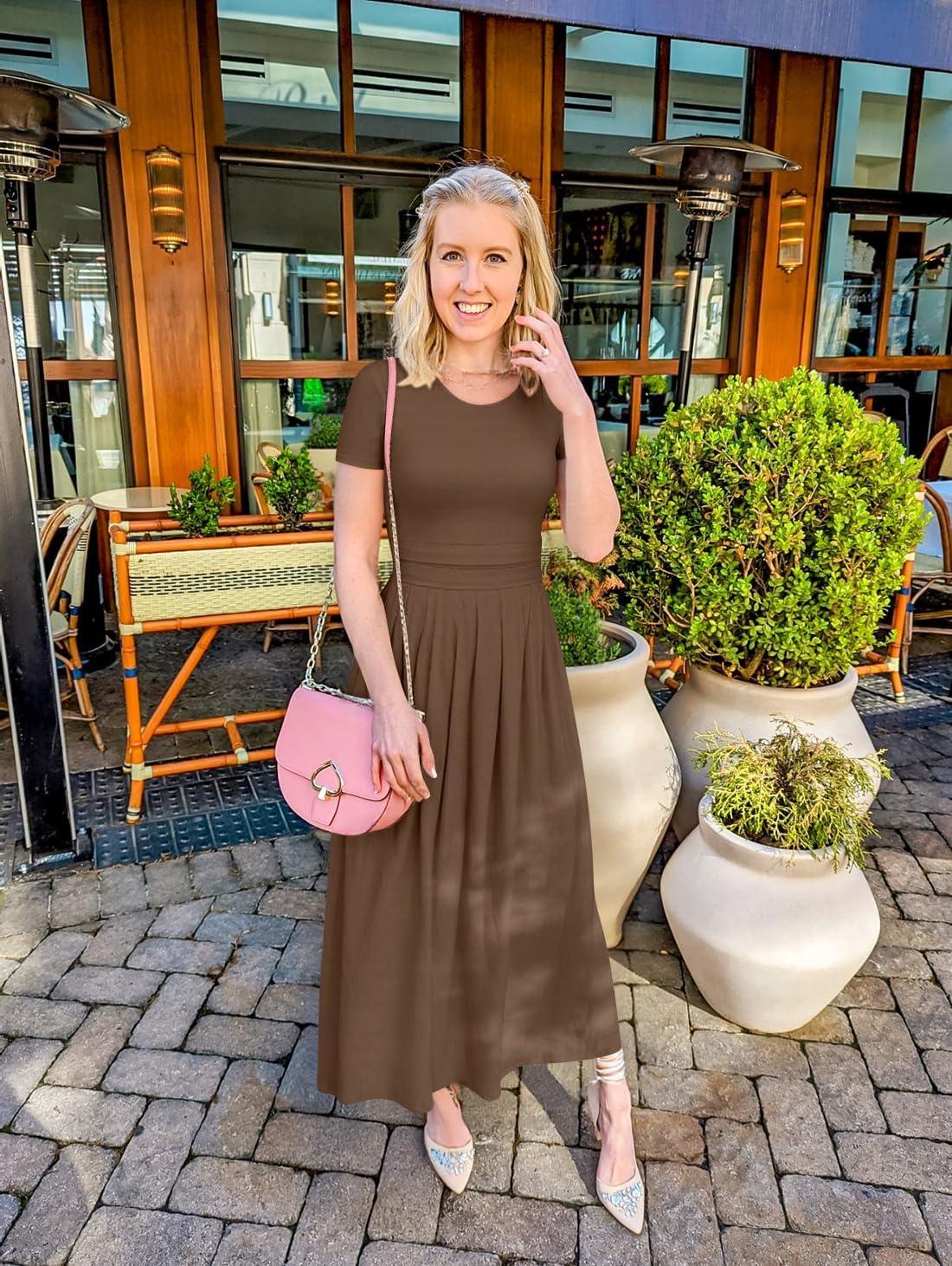 imageZESICA Womens Summer Short Sleeve Maxi Dress 2026 Casual Crewneck Pleated A Line Flowy Long Dresses with PocketsCoffee