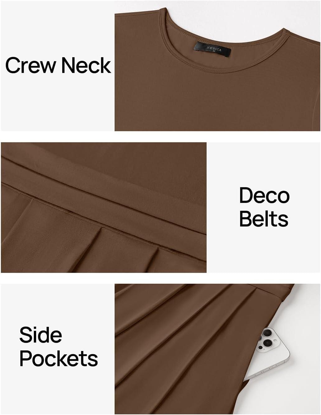 imageZESICA Womens Summer Short Sleeve Maxi Dress 2026 Casual Crewneck Pleated A Line Flowy Long Dresses with PocketsCoffee