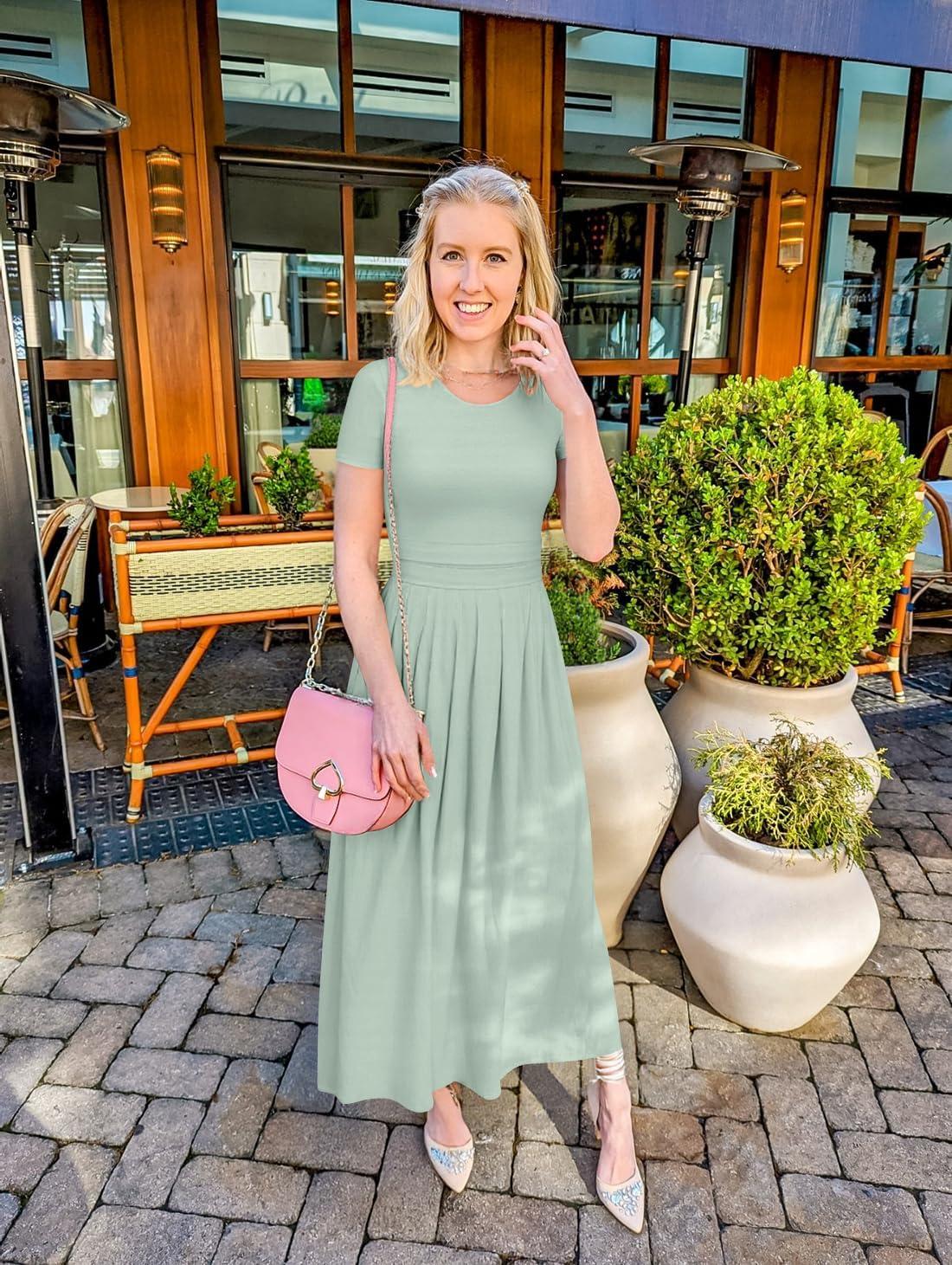 imageZESICA Womens Summer Short Sleeve Maxi Dress 2026 Casual Crewneck Pleated A Line Flowy Long Dresses with PocketsGreen