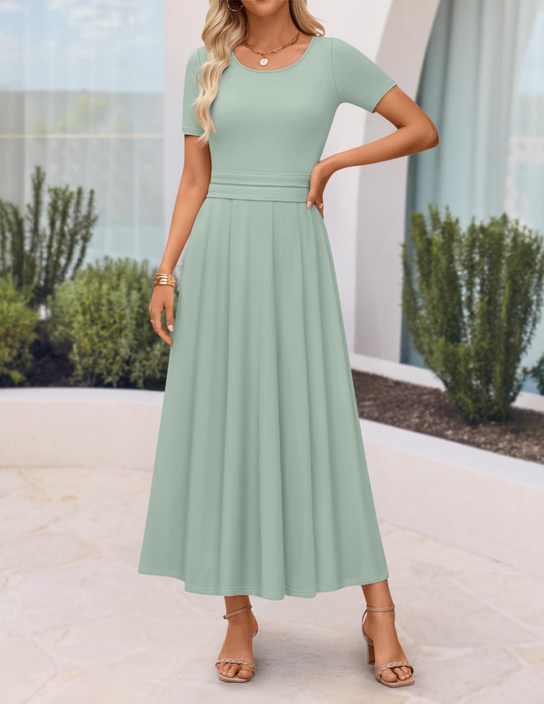 imageZESICA Womens Summer Short Sleeve Maxi Dress 2026 Casual Crewneck Pleated A Line Flowy Long Dresses with PocketsGreen